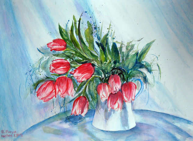 tulipanes rojos Watercolour Paper Still Life Paintings