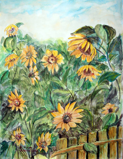 el jardín de girasoles Mixed media Paper Floral Painting