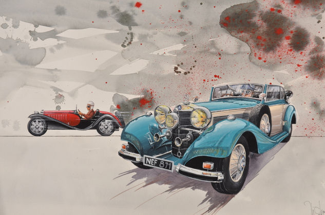 MERCEDES ET BUGATTI Gouache Paper Sports