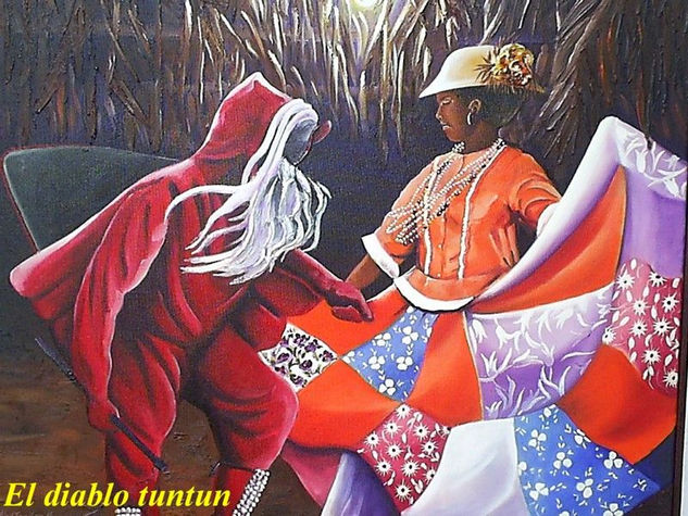 La Danza del diablo Tuntun. Oil Canvas Figure Painting