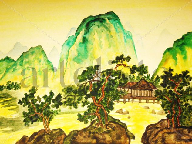 China landscape with green hills Acuarela Papel Paisaje