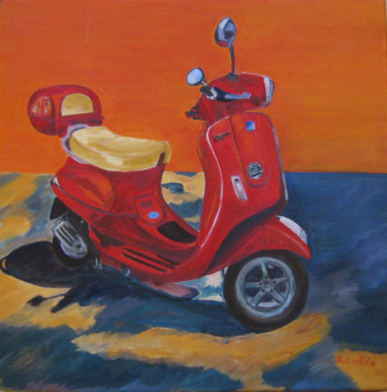 Moto "Vespa" (roja) Óleo Lienzo Figura