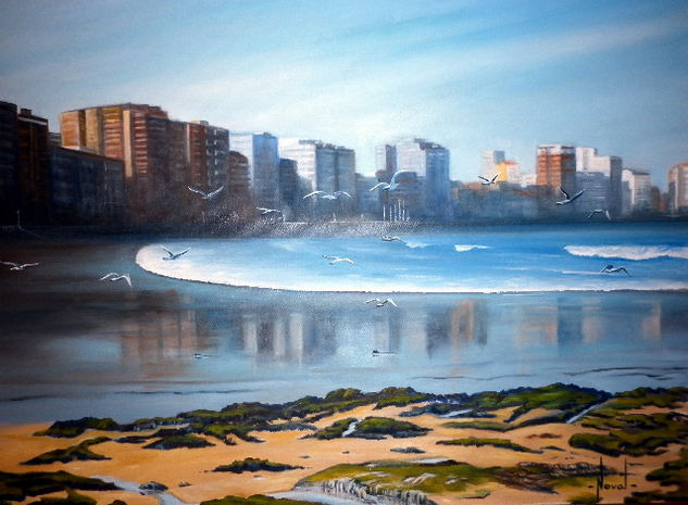 PLAYA DE SAN LORENZO GIJON ( ASTURIAS ) Óleo Lienzo Marina