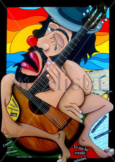 Collage al guitarrero payaso Mixed media Panel Figure Painting