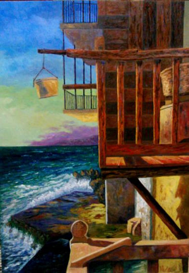 ATARDECER EN MYKONOS- GRECIA Oil Panel Marine Painting