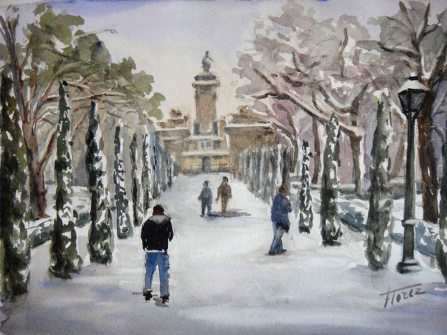 Nieve en el Retiro Acuarela Papel Paisaje