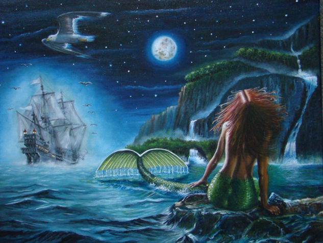 LA SIRENA Y EL GALEON FANTASMA 1 Oil Canvas Marine Painting