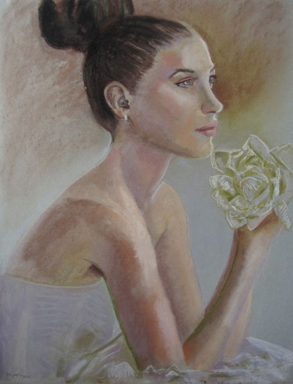 MUCHACHA CON FLOR EN LAS MANOS Pastel Paper Portrait