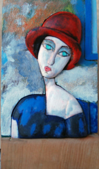 mujer azul con sombrero Wood Figurative