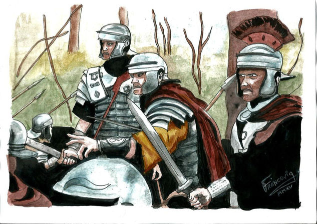 Legionarios en el bosque Watercolour Paper Figure Painting