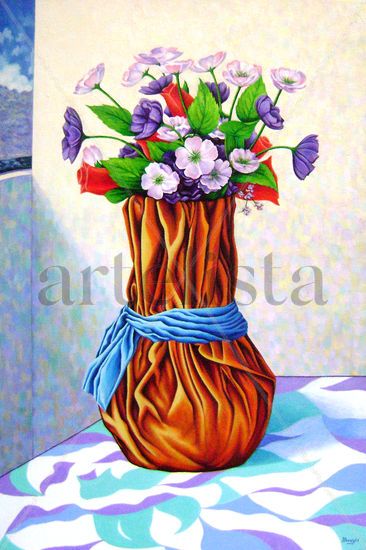 Jarrón con Flores Artificiales Oil Canvas Floral Painting