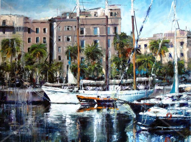 Puerto de Barcelona Oil Canvas Marine Painting