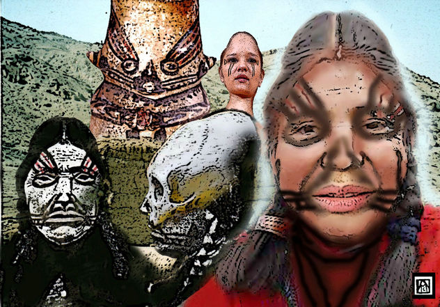 Recuerdos lejanos de una deformación craneana troncocónica tradicional mientras diosa Chancay Mama Rayguana observa...
