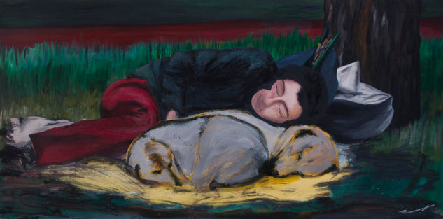 SUEÑO ENTRE PERROS Óleo Lienzo Retrato