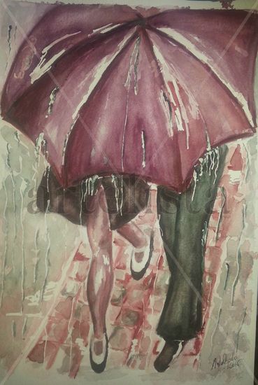 Paseo lluvioso Watercolour Paper Figure Painting