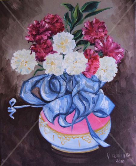 Jarrón con claveles y moño azul Oil Canvas Floral Painting