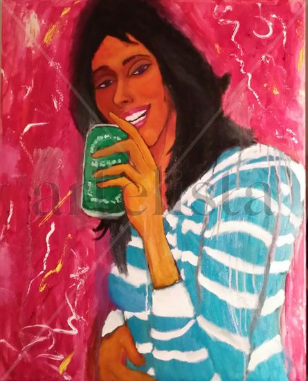 Chica bebiendo cerveza Oil Canvas Portrait