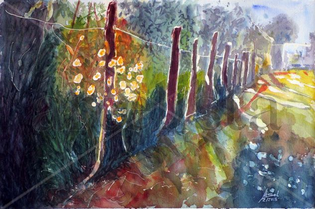 Sendero con rosaleda Watercolour Paper Floral Painting