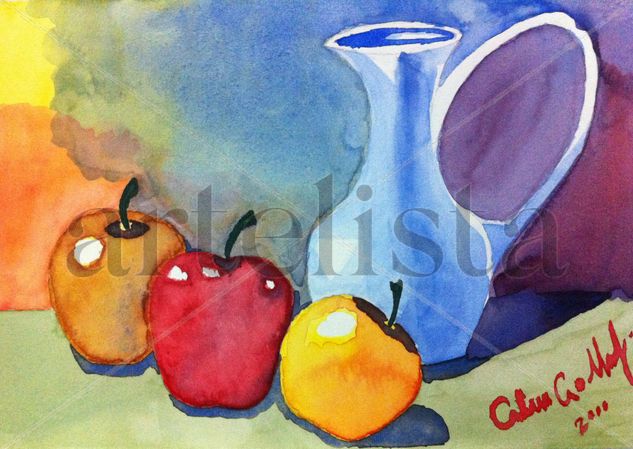 Bodegón de manzanas Watercolour Paper Still Life Paintings