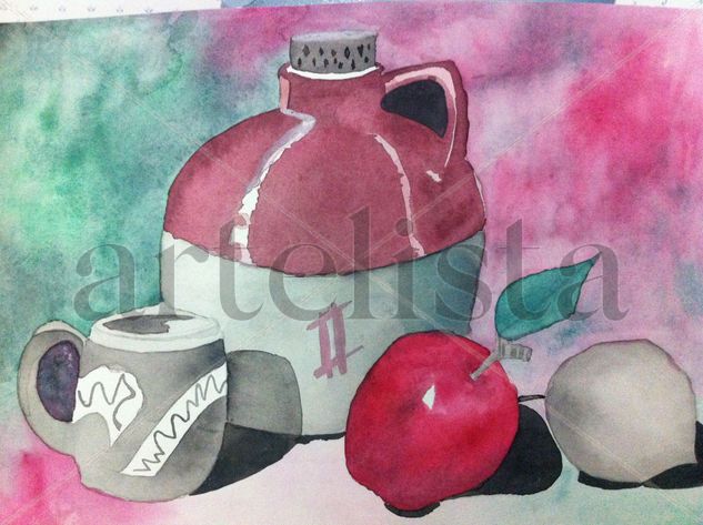 Bodegón de manzana y cebolla Watercolour Paper Still Life Paintings