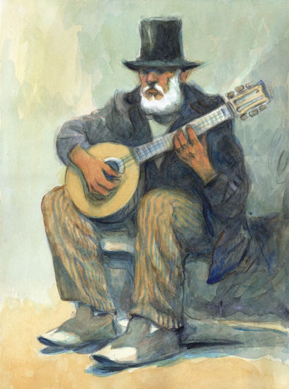 Viejo músico Watercolour Paper Figure Painting