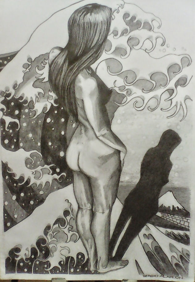 desnudo sobre gran ola