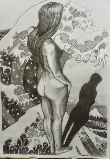 desnudo sobre gran ola Pencil