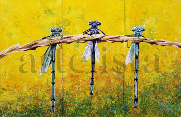 libelulas en amarillo  -Triptico Mixed media Canvas Animals