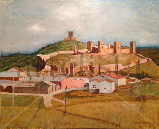 Molinade Aragón,Molina,Castillo,alcazar,casas,torros,fortalezas,cuadros,pintura,paisaje,realismo,figurativo,campo,rural,torreones,castillos,fortificaciones,vintage,retro, Óleo Tabla Paisaje