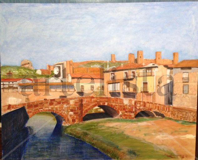 Moliona, de Aragón,puente, viejo,guadalajara,paisaje,arboles,puentes,rios,pueblos,pintura,cuadros,oleos,vintage,retro,escenas,arte,bodegones Oil Panel Landscaping