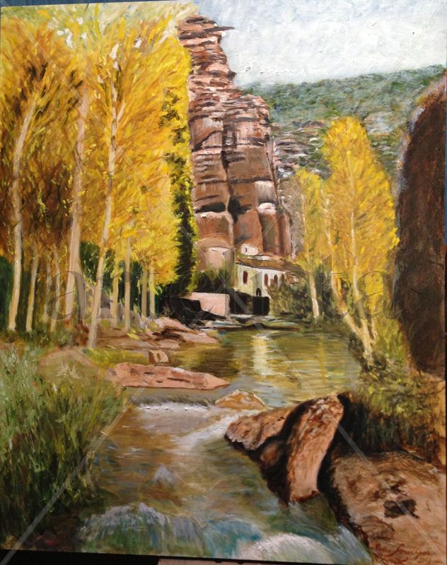 Molina,Molina de Aragón,Barranco, rio,Gallo,paisaje,agua,arboles,rocas,desfilasdero,cuadro,realismo,figurativo,otoñopintura,oleos,cuadros,