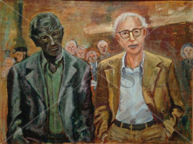 Woody Allen y su estatua,estatuas,escenas,paisajes,cuadros,pintura,actores,cine,tipismo,urbano,oleos Óleo Tabla Retrato