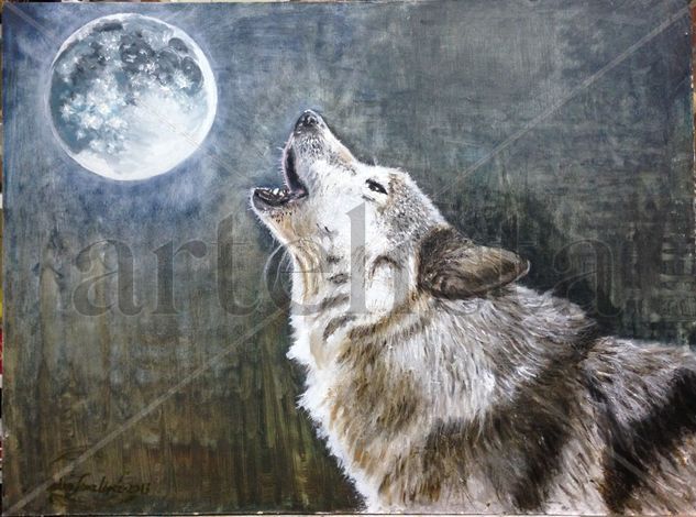 La, loba, luna,lunatico,mascotas,perros,animales,cuadros,pinturas,luna,vintage,retro,loba,lobo,aullidos, Óleo Lienzo Animales