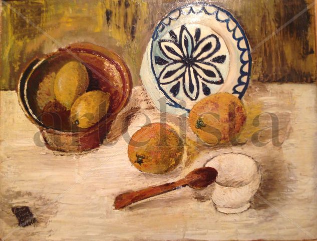 Bodegon, con cuchara,platos,cuancos,bodegones,anyiguos,vintage,retro,cuadros,tablas,paisajes,pinturas,oleos,oleo Óleo Tabla Bodegones