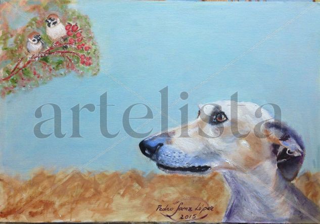 galgo,mira,pájaros,anuimales,perros,mascotas,cuadros,pintura,oleos Oil Panel Animals