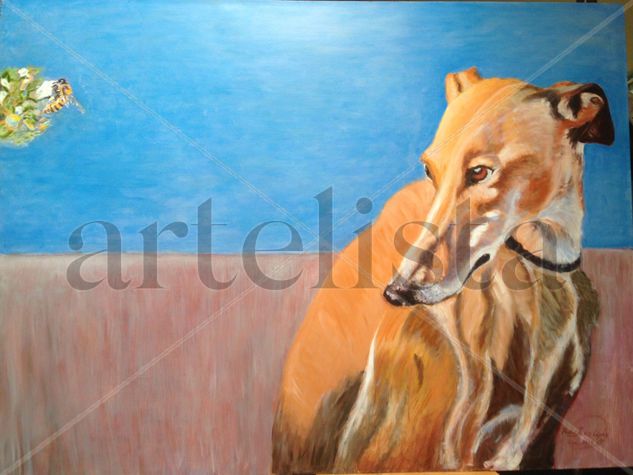 Galgo,mira una ,abeja,abejas,galgos,perros,animales,mascotas,caza,carreras,retratos,figurativo,realista,dibujos,lienzos,cuadros, Oil Panel Animals