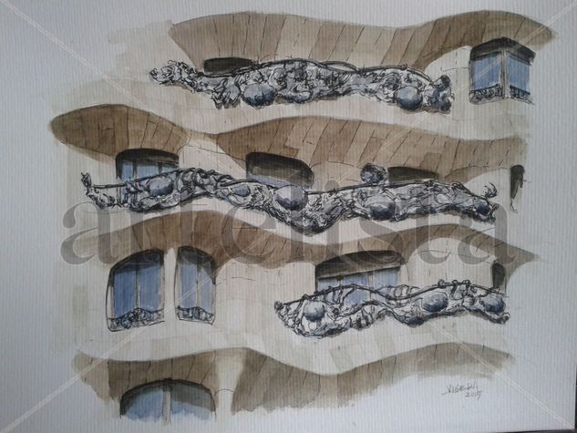 La Pedrera Acuarela Papel Paisaje