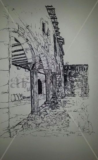 Claustro gótico, tinta. Tinta Papel Paisaje