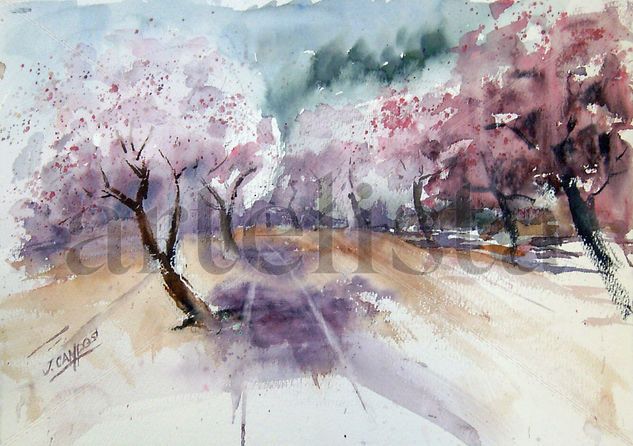 Almendros en flor Acuarela Papel Paisaje