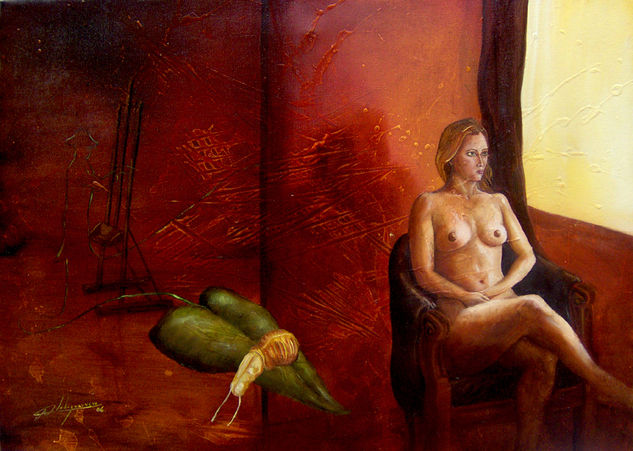 "Nostalgia en la Ventana" Óleo Lienzo Desnudos