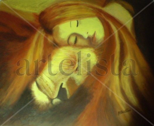 el sueño del leon Oil Panel Figure Painting