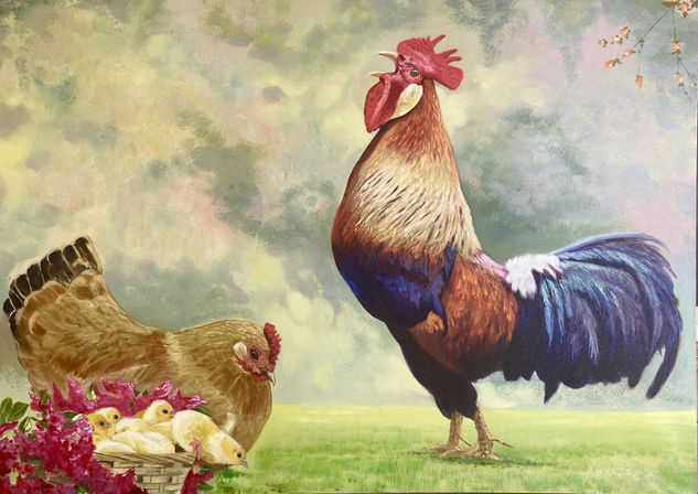 GALLO Y SU FAMILIA Óleo Lienzo Animales