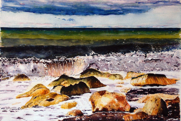 La ola y las rocas Watercolour Paper Marine Painting