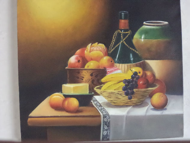 Still life with fruit, wine, cheese ... Óleo Lienzo Bodegones