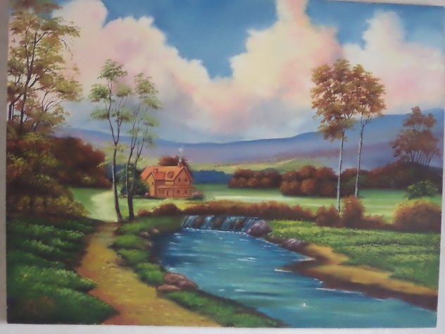 Landscape with house, mountains, trees and river