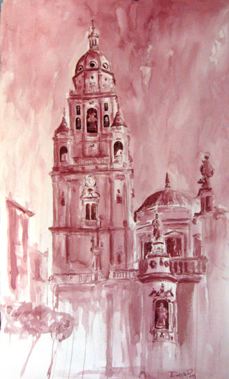 aguada de la catedral de murcia Acuarela Papel Paisaje