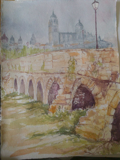 PUENTE ROMANO Y CATEDRAL DE SALAMANCA Acuarela Papel Paisaje