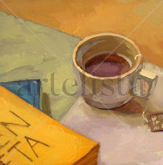 Té y libros Oil Canvas Still Life Paintings