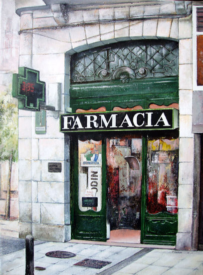 Farmacia en la calle martillo-Santander Óleo Lienzo Paisaje