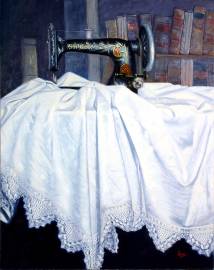 Maquina de coser y mantel Oil Textile Still Life Paintings